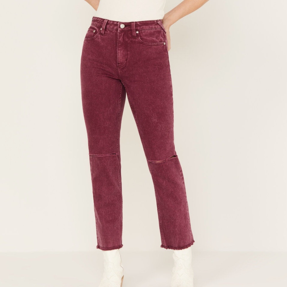 Cleo + Wolf High Rise Distressed Knee Slim Stretch Straight Jean (Purple)